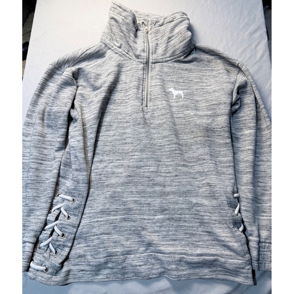 Victoria's Secret PINK Grey Space Dye Quarter Zip Lace Up Pullover Sweatshirt XS